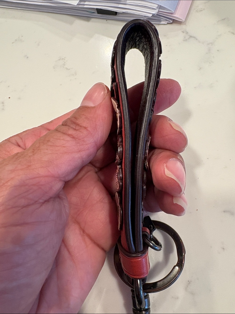 Coach Red Leather Floral Appliqué Key Fob - Picture 6 of 9